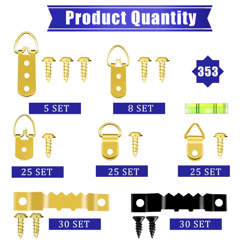maierke 353PCS Golden Picture Hanging Kit,Picture Hangers Heavy Duty Picture Hanging Hooks with Screws,Picture Frame Hooks Heavy Duty Picture Framing Supplies Kit for Picture Hanging(7 Types) - Image 3